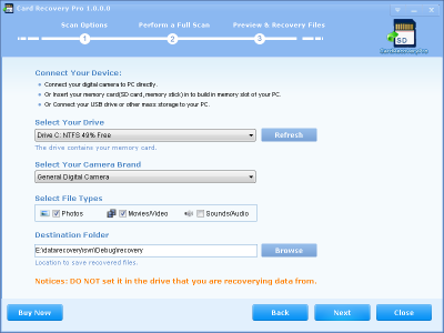 CardRecoveryPro showing configuration UI